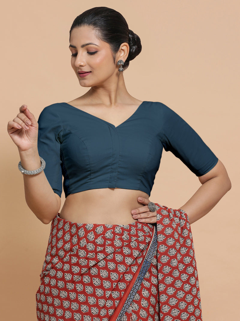 Sonia x Rozaana | Elbow Sleeves Saree Blouse in Regal Blue Linen-Binks