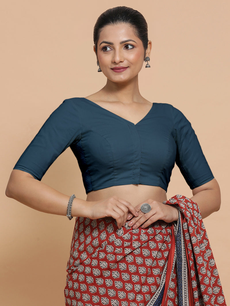 Sonia x Rozaana | Elbow Sleeves Saree Blouse in Regal Blue Linen-Binks