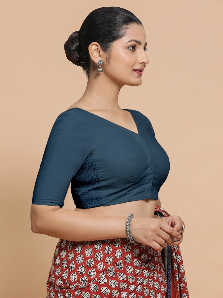 Sonia x Rozaana Saree Blouse, in Blue Linen, featuring elbow sleeves and v-neckline, made for daily & work (view 8).