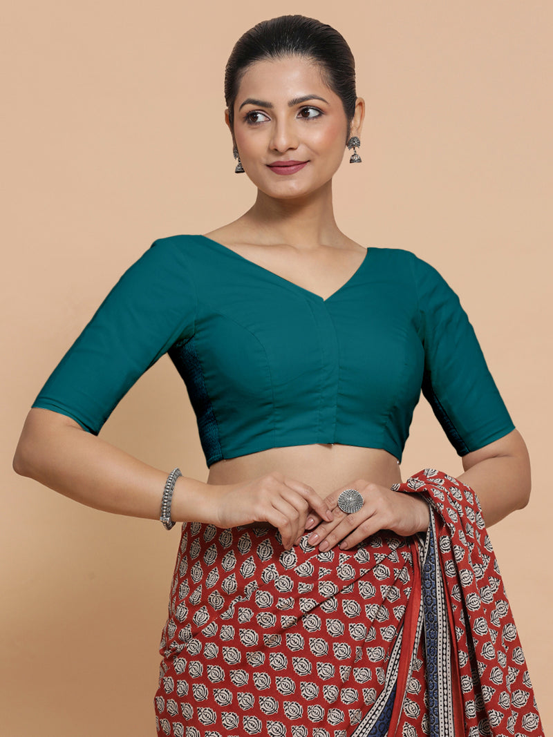 Sonia x Rozaana | Elbow Sleeves Saree Blouse in Teal Blue Linen-Binks