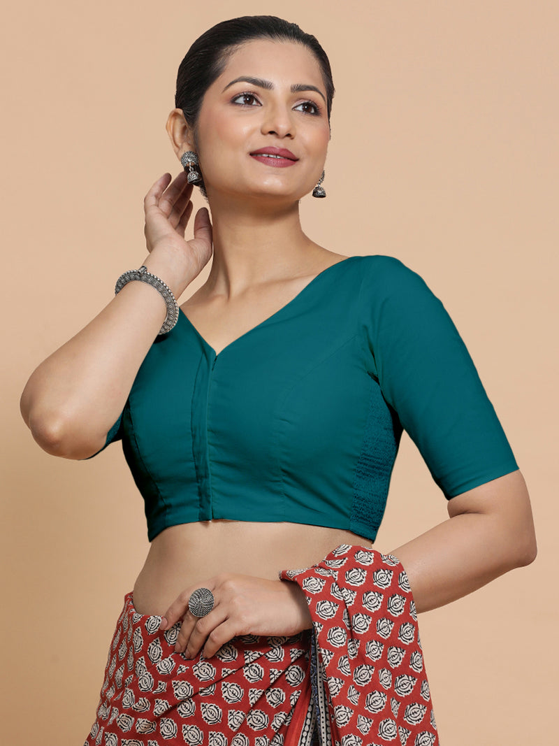 Sonia x Rozaana | Elbow Sleeves Saree Blouse in Teal Blue Linen-Binks