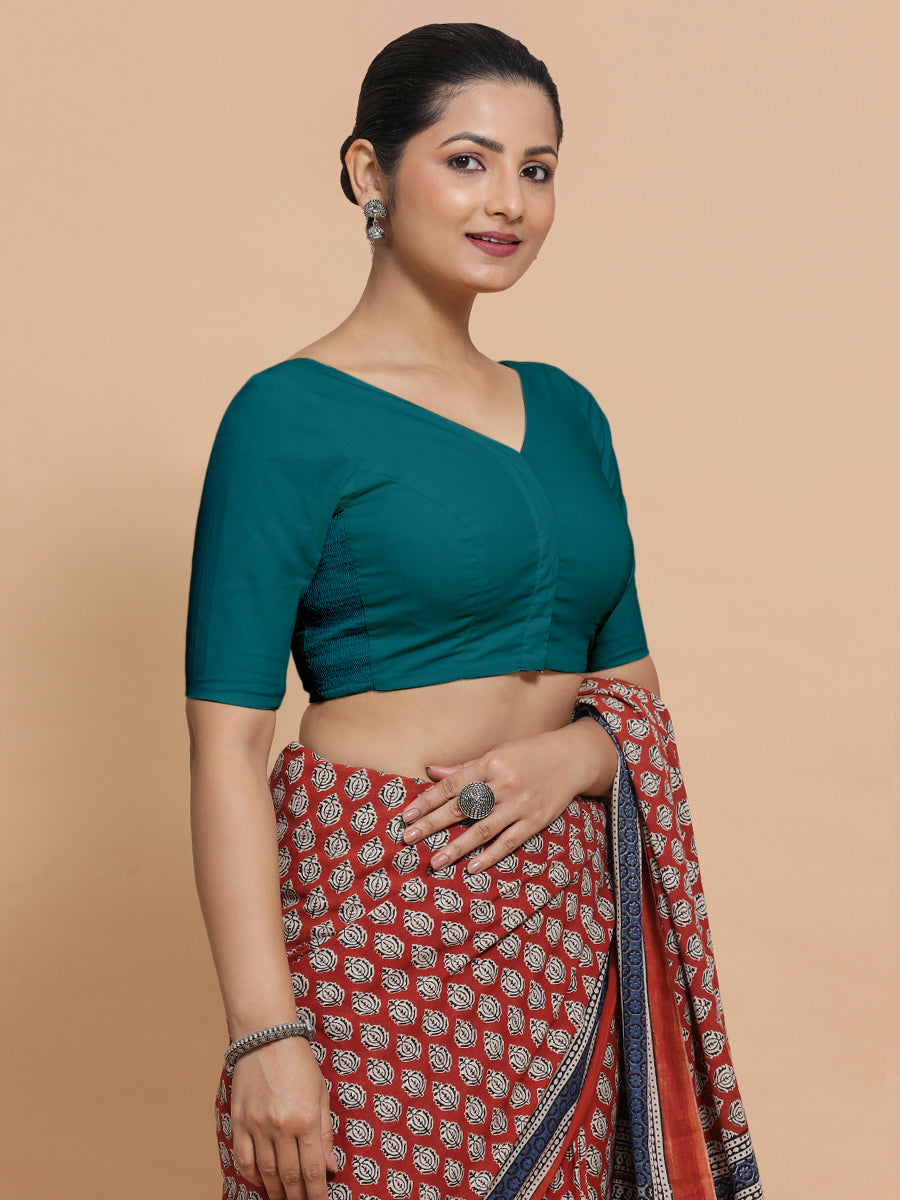 Sonia x Rozaana Saree Blouse, in Blue Linen, featuring elbow sleeves and v-neckline, made for daily & work (view 7).