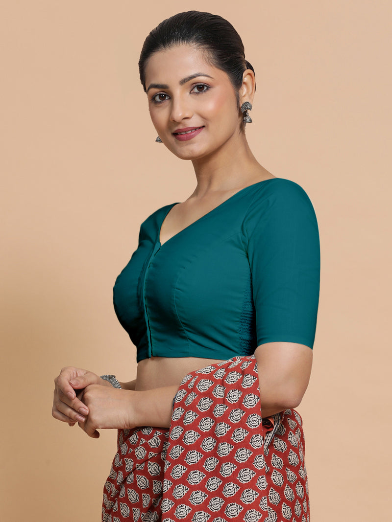 Sonia x Rozaana | Elbow Sleeves Saree Blouse in Teal Blue Linen-Binks