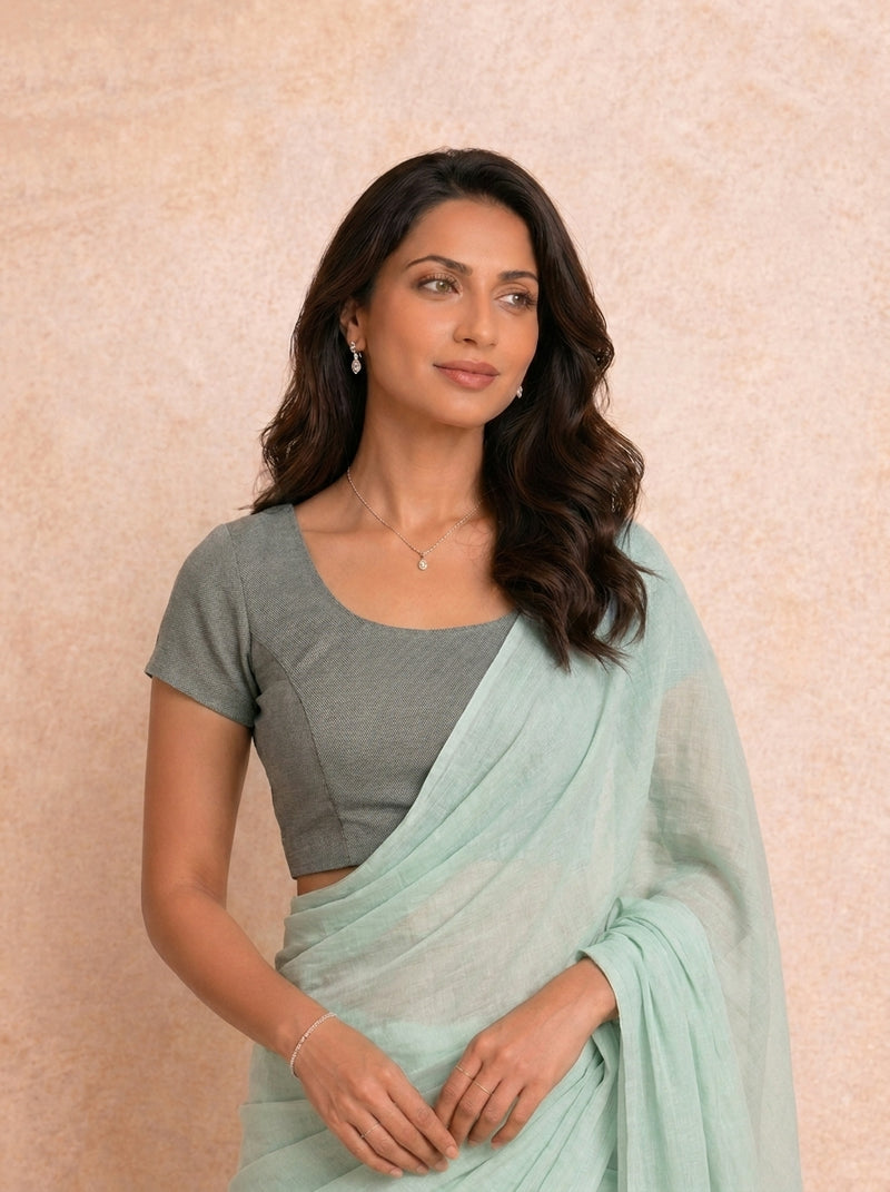 Sorell | Short Sleeves Charcoal Grey Denim Lycra StretchFit™ Saree Blouse-Binks