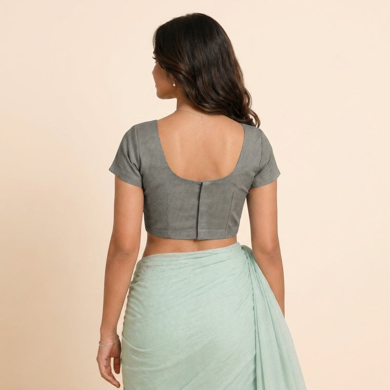 Sorell Saree Blouse, in Denim Lycra, featuring short sleeves and scoop neckline, made for daily & work (view 2).