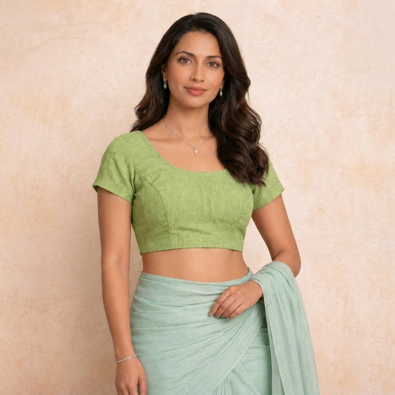 Sorell | Short Sleeves Lime Green Denim Lycra StretchFit™ Saree Blouse-Binks
