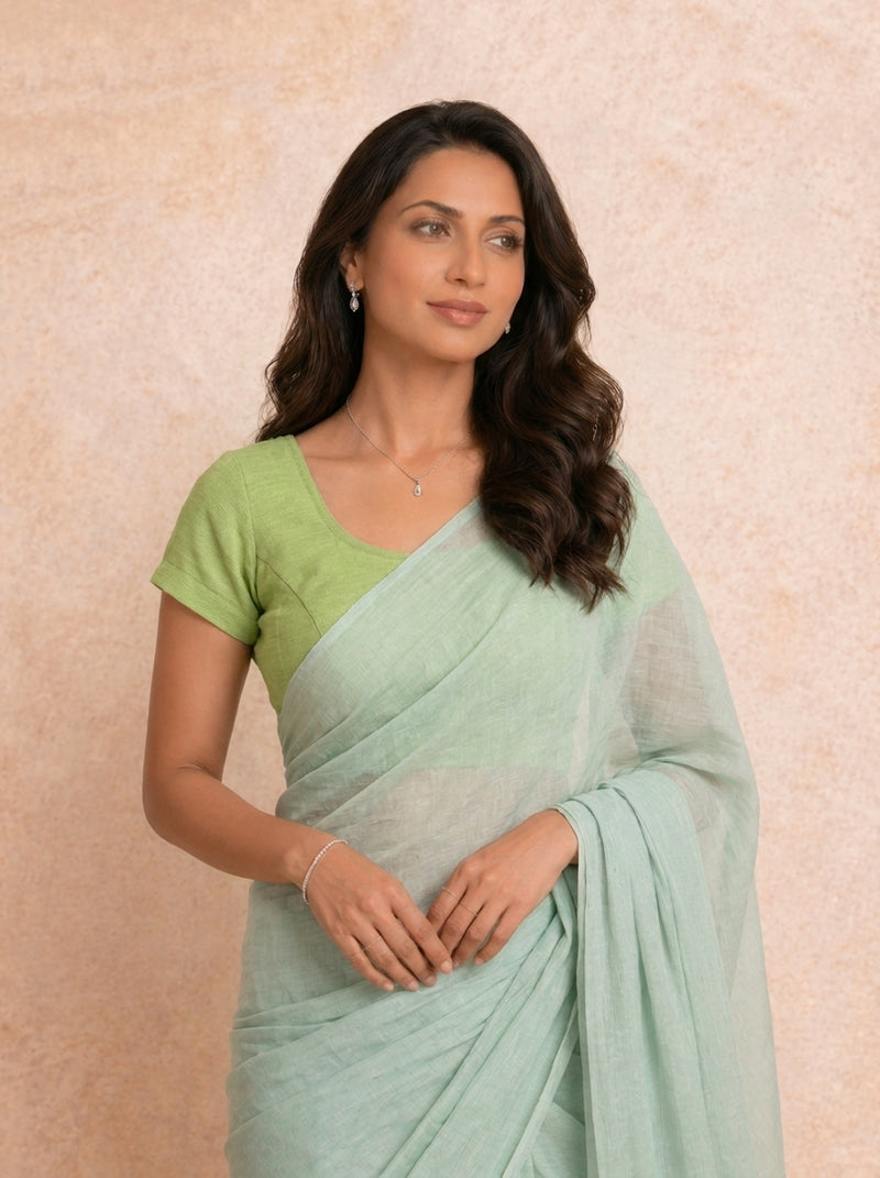 Sorell | Short Sleeves Lime Green Denim Lycra StretchFit™ Saree Blouse-Binks