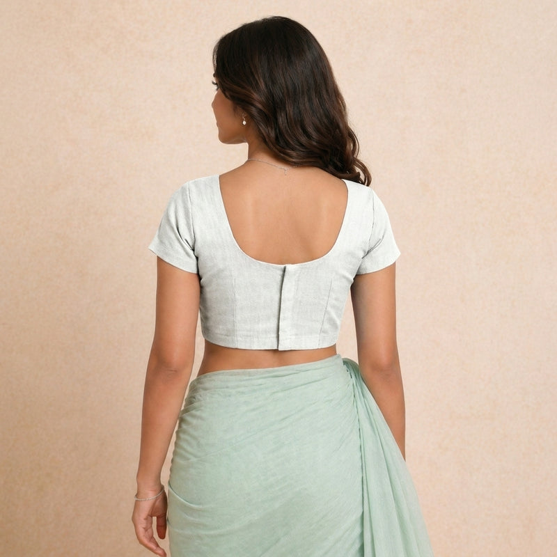 Sorell | Short Sleeves Pearl White Denim Lycra StretchFit™ Saree Blouse-Binks