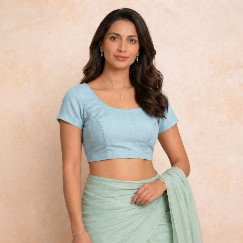 Sorell | Short Sleeves Soft Blue Denim Lycra StretchFit™ Saree Blouse-Binks