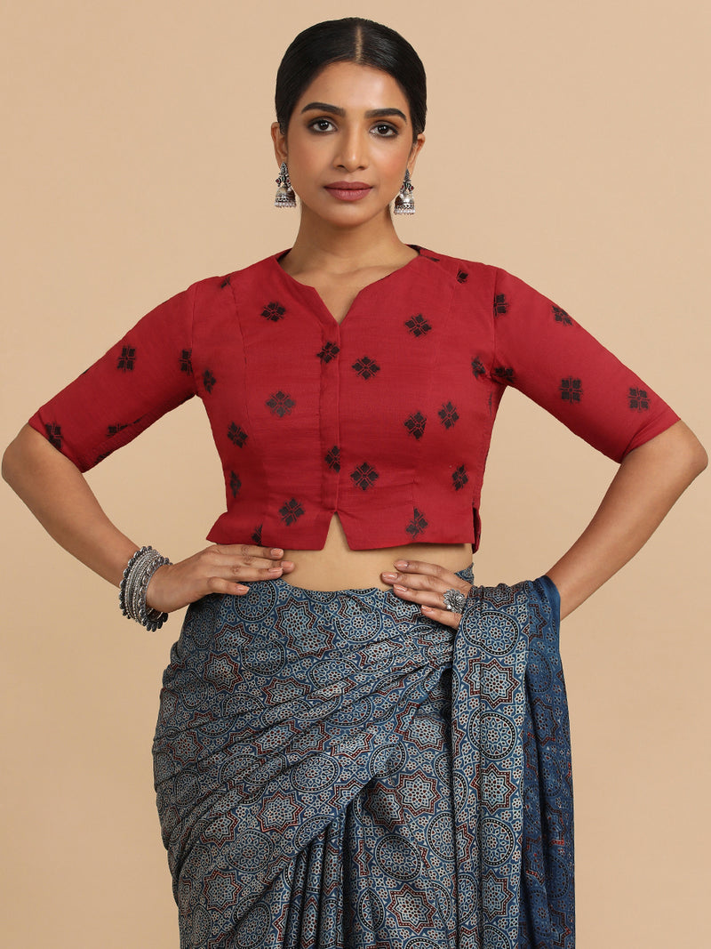 Soumya x Rozaana | Elbow Sleeves Saree Blouse in Red Jacquard Cotton-Binks