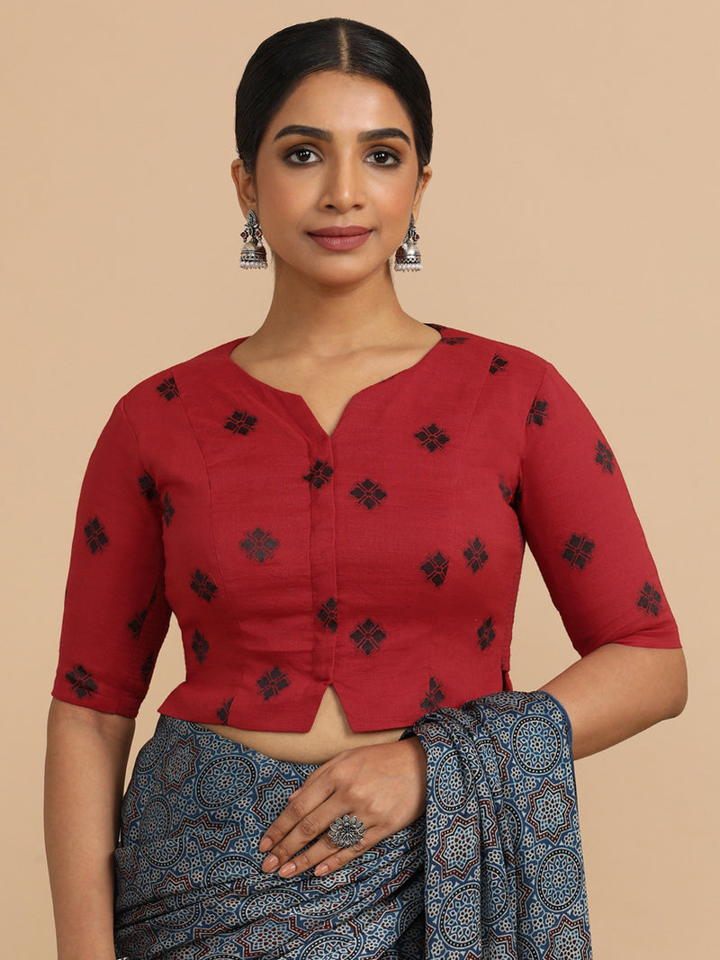 Soumya x Rozaana | Elbow Sleeves Saree Blouse in Red Jacquard Cotton-Binks