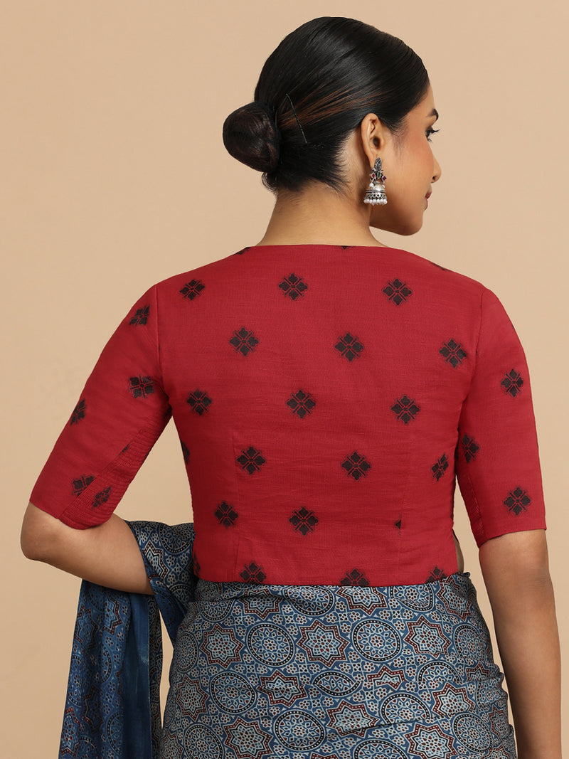 Soumya x Rozaana | Elbow Sleeves Saree Blouse in Red Jacquard Cotton-Binks