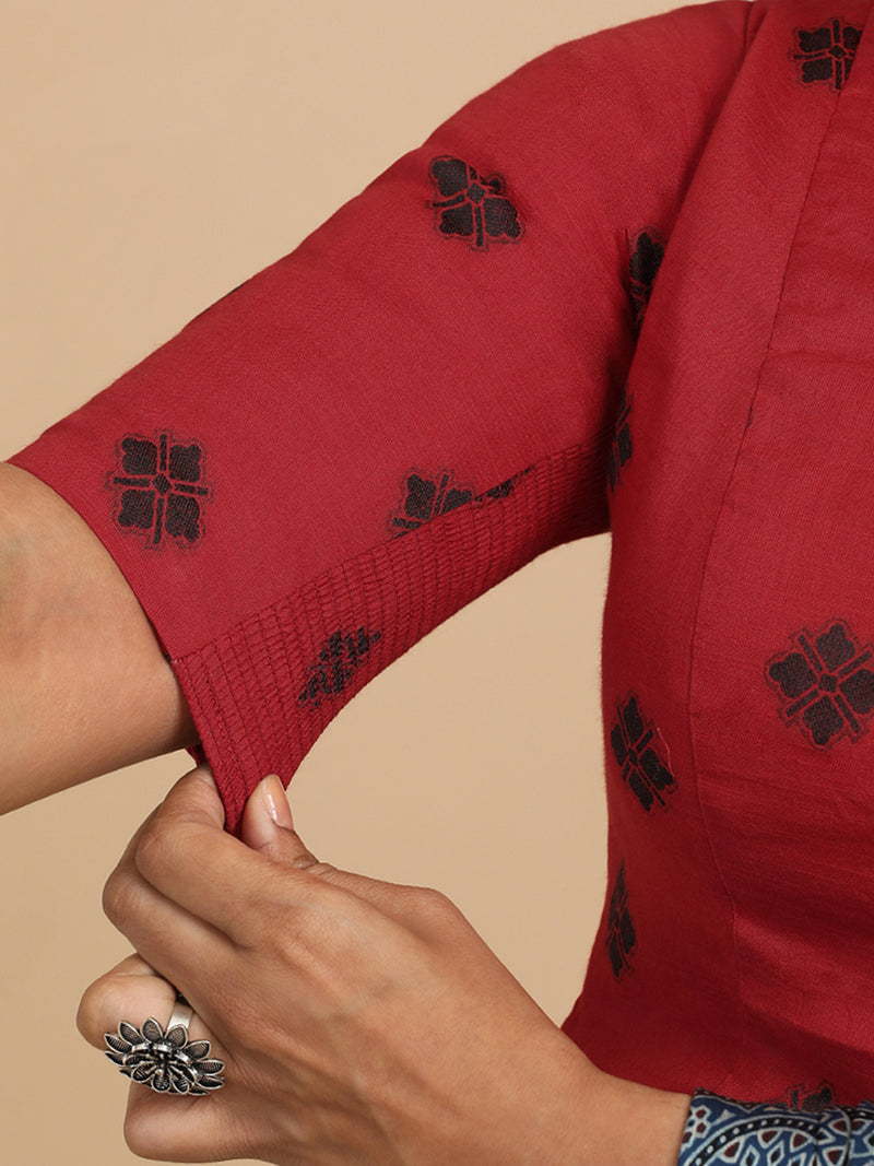 Soumya x Rozaana | Elbow Sleeves Saree Blouse in Red Jacquard Cotton-Binks