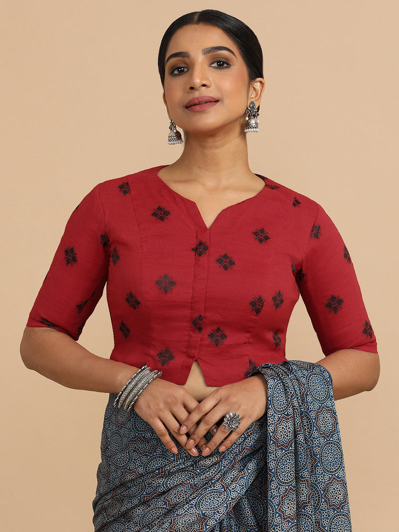 Soumya x Rozaana | Elbow Sleeves Saree Blouse in Red Jacquard Cotton-Binks