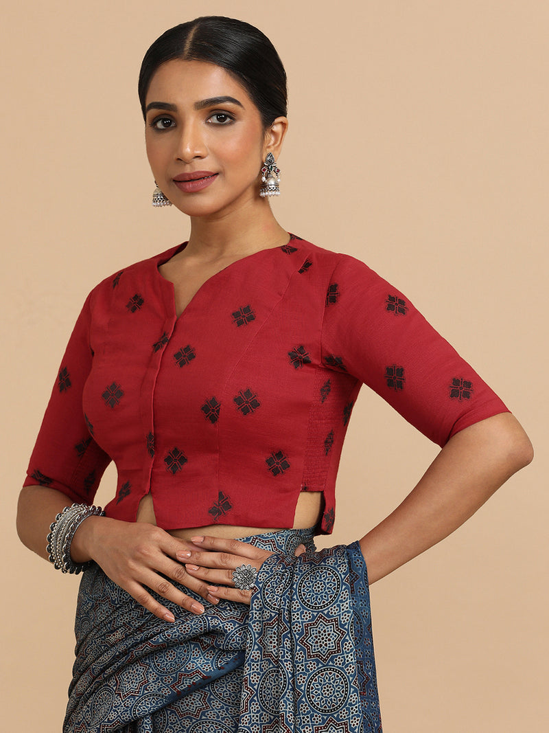 Soumya x Rozaana | Elbow Sleeves Saree Blouse in Red Jacquard Cotton-Binks