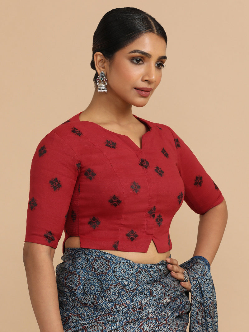 Soumya x Rozaana | Elbow Sleeves Saree Blouse in Red Jacquard Cotton-Binks