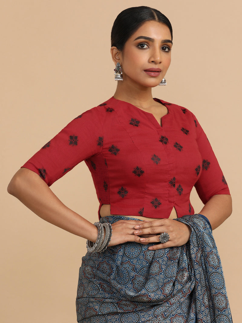 Soumya x Rozaana | Elbow Sleeves Saree Blouse in Red Jacquard Cotton-Binks