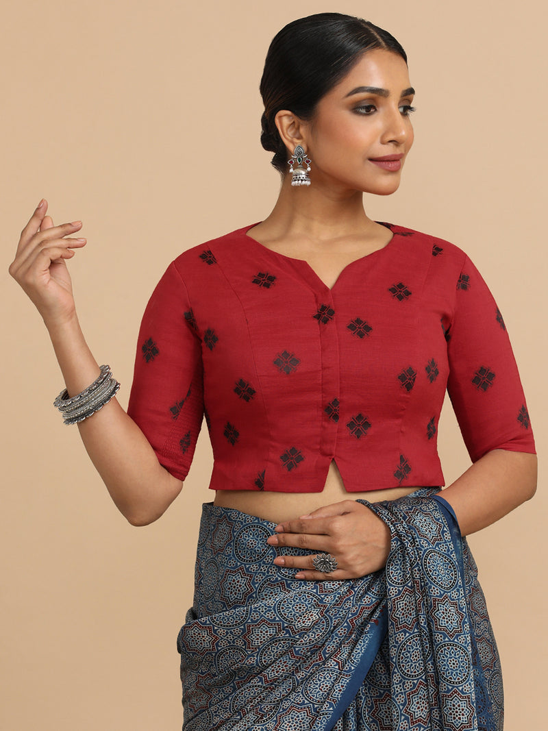 Soumya x Rozaana | Elbow Sleeves Saree Blouse in Red Jacquard Cotton-Binks