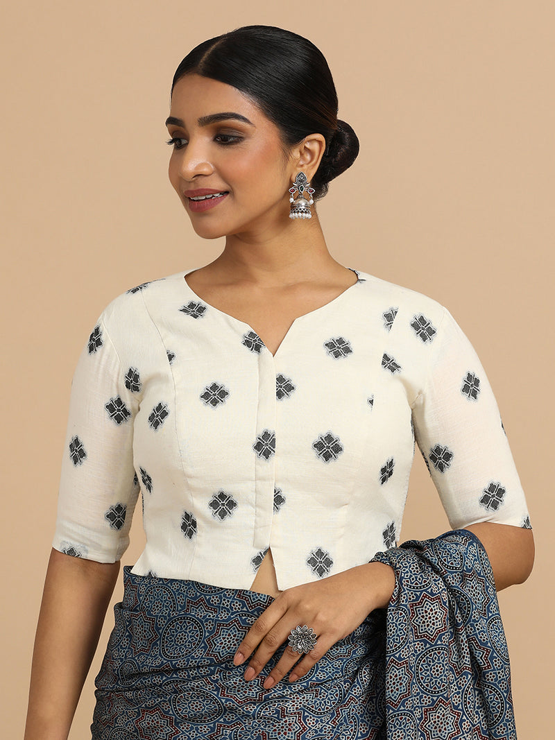 Soumya x Rozaana | Elbow Sleeves Saree Blouse in White Jacquard Cotton-Binks