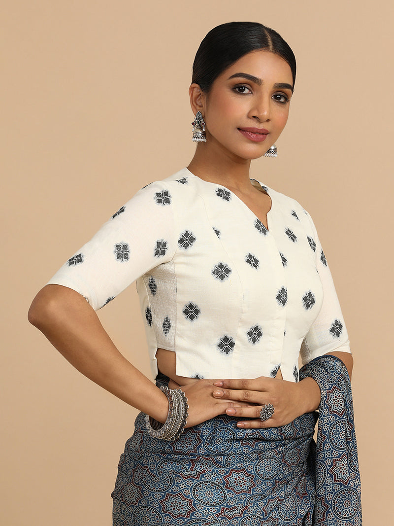 Soumya x Rozaana | Elbow Sleeves Saree Blouse in White Jacquard Cotton-Binks