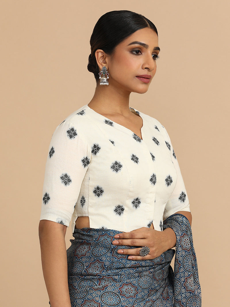Soumya x Rozaana | Elbow Sleeves Saree Blouse in White Jacquard Cotton-Binks