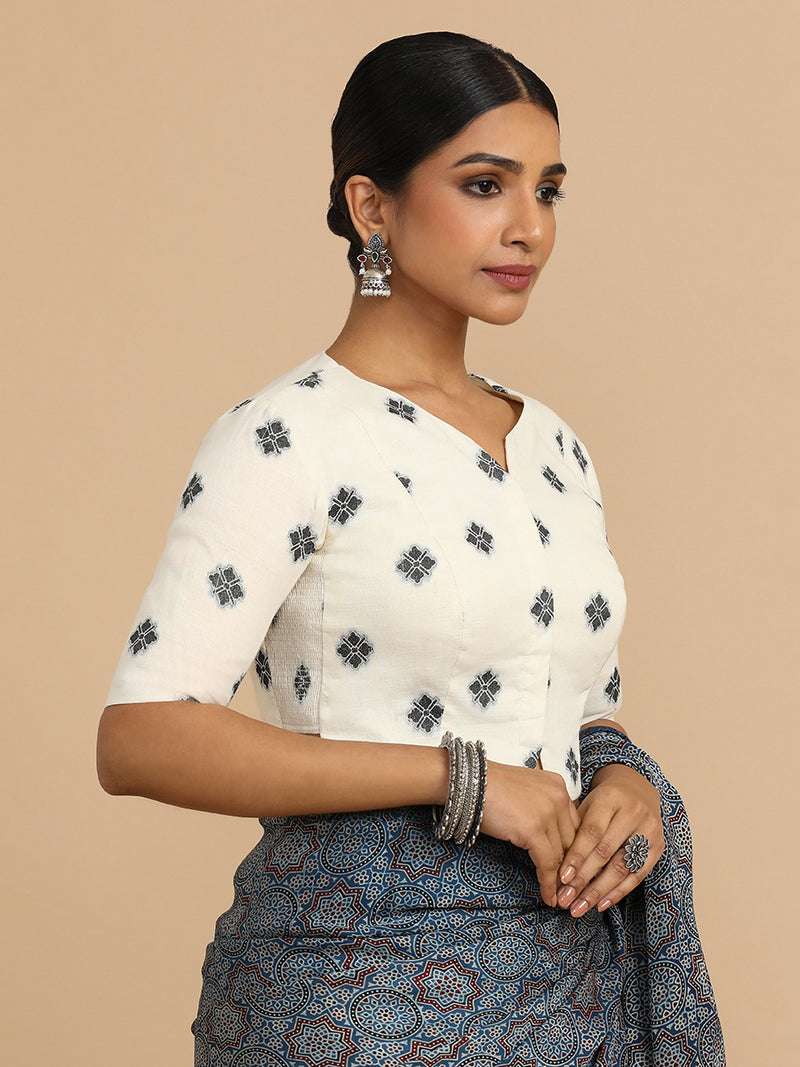 Soumya x Rozaana | Elbow Sleeves Saree Blouse in White Jacquard Cotton-Binks