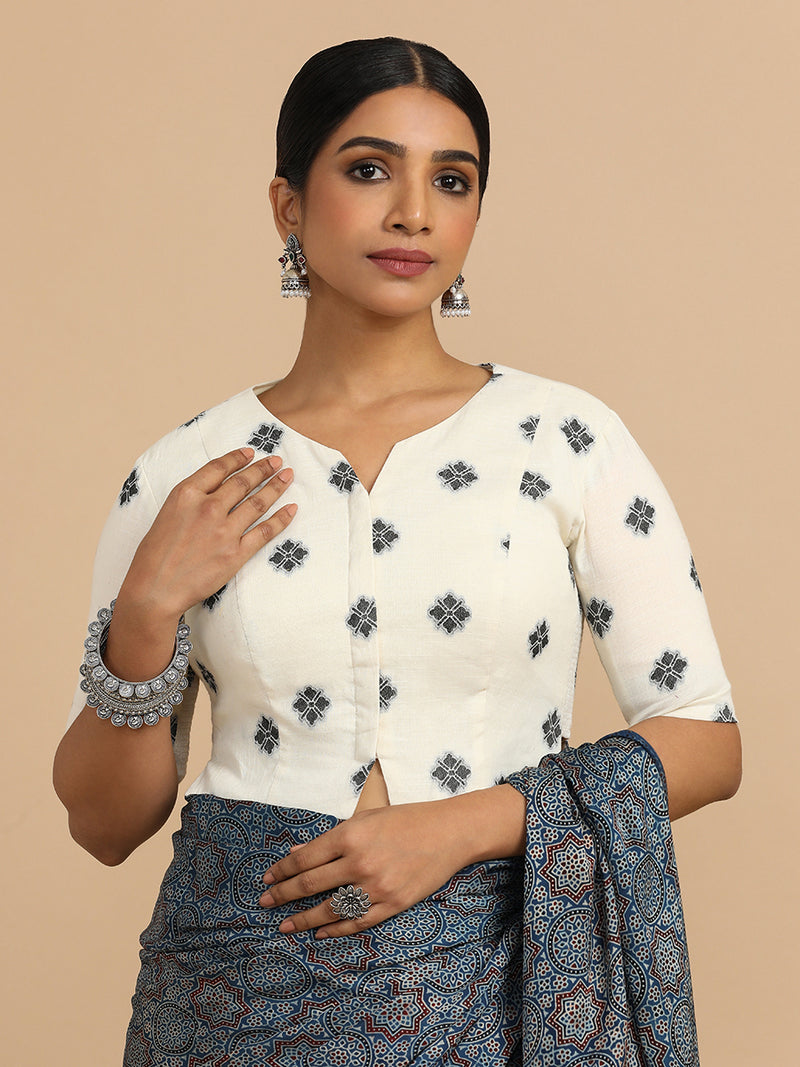 Soumya x Rozaana | Elbow Sleeves Saree Blouse in White Jacquard Cotton-Binks