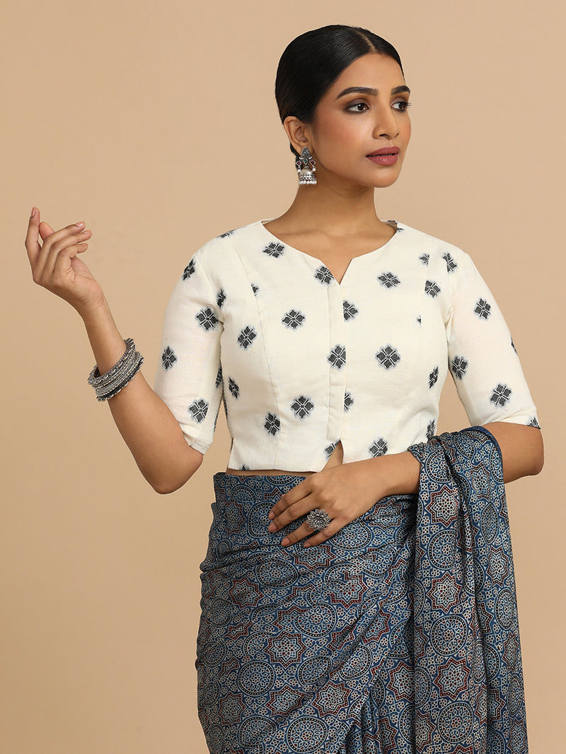 Soumya x Rozaana | Elbow Sleeves Saree Blouse in White Jacquard Cotton-Binks