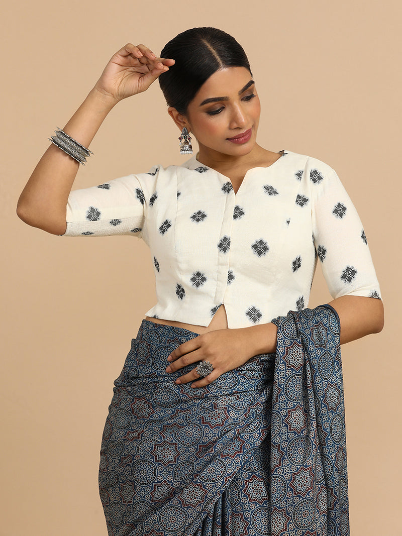 Soumya x Rozaana | Elbow Sleeves Saree Blouse in White Jacquard Cotton-Binks