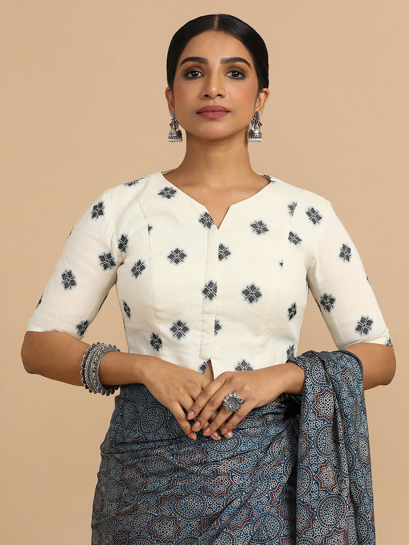 Soumya x Rozaana | Elbow Sleeves Saree Blouse in White Jacquard Cotton-Binks