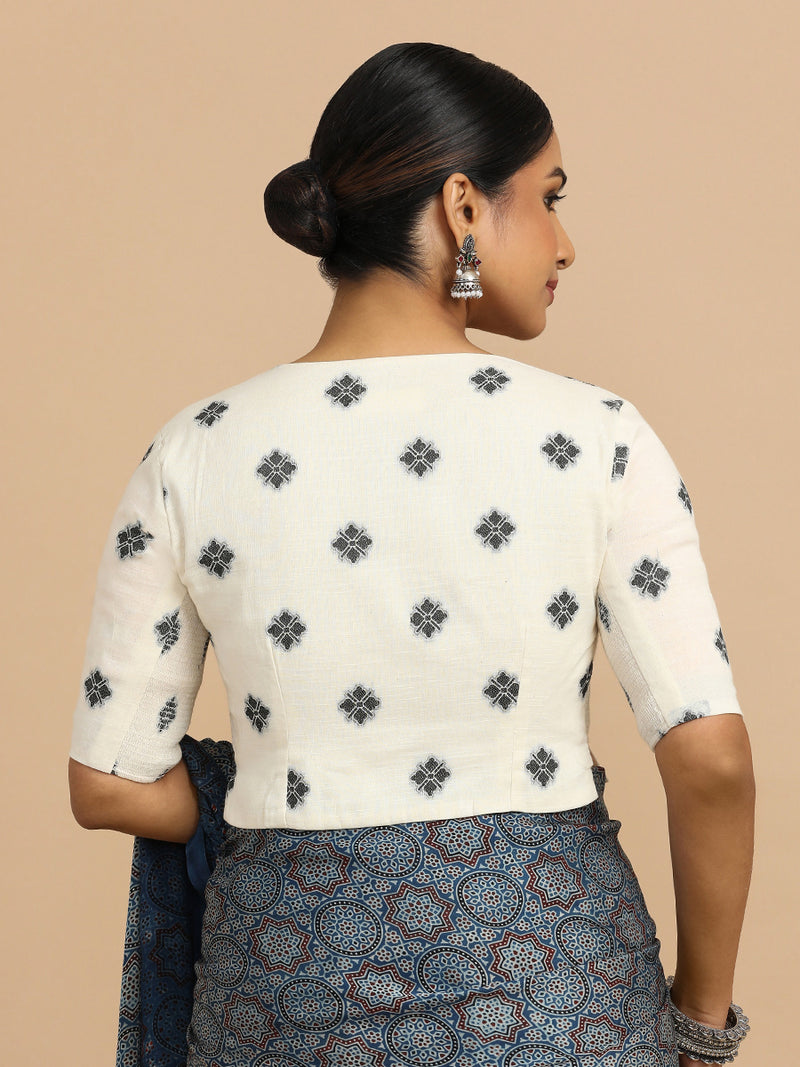 Soumya x Rozaana | Elbow Sleeves Saree Blouse in White Jacquard Cotton-Binks