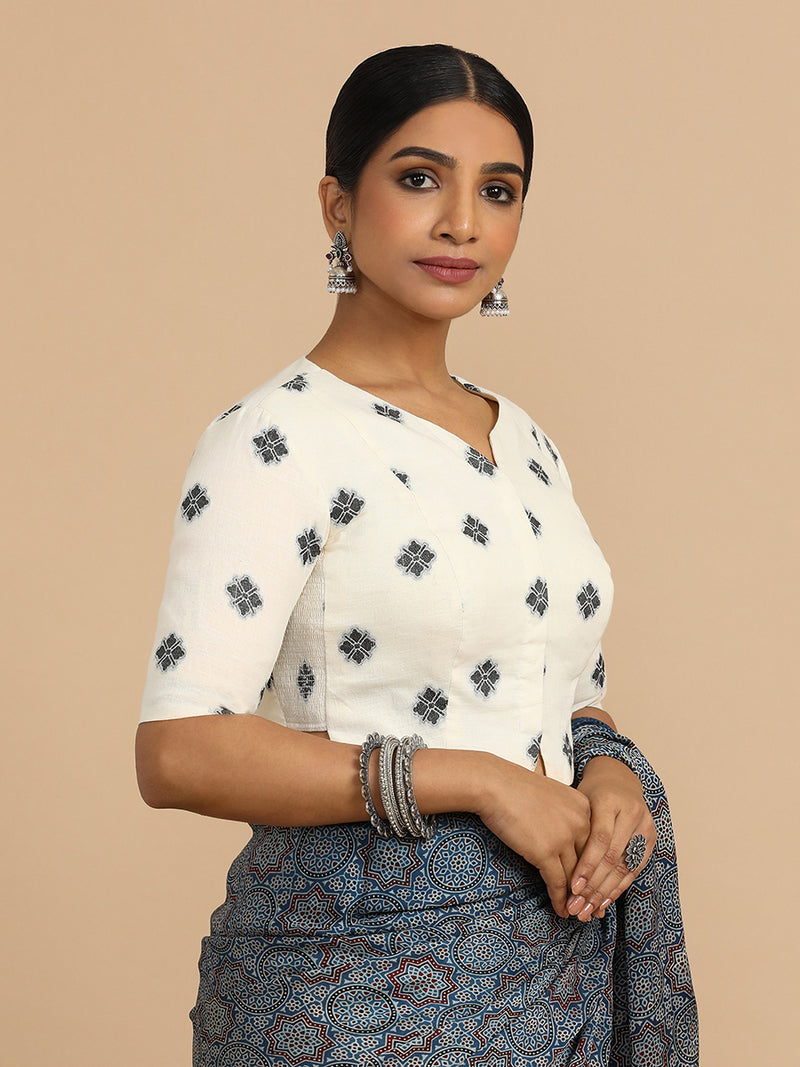 Soumya x Rozaana | Elbow Sleeves Saree Blouse in White Jacquard Cotton-Binks