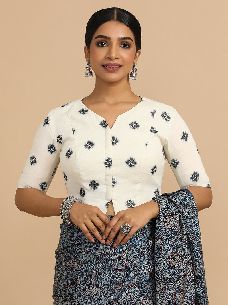 Soumya x Rozaana | Elbow Sleeves Saree Blouse in White Jacquard Cotton-Binks