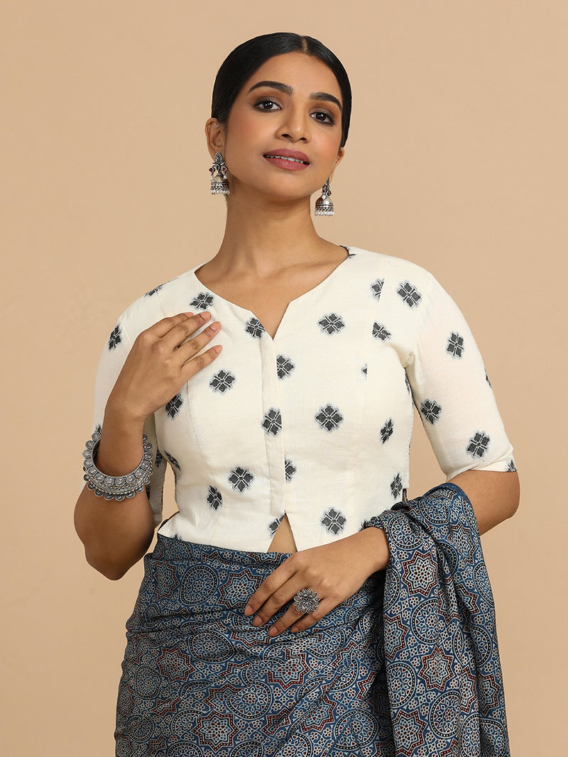 Soumya x Rozaana | Elbow Sleeves Saree Blouse in White Jacquard Cotton-Binks
