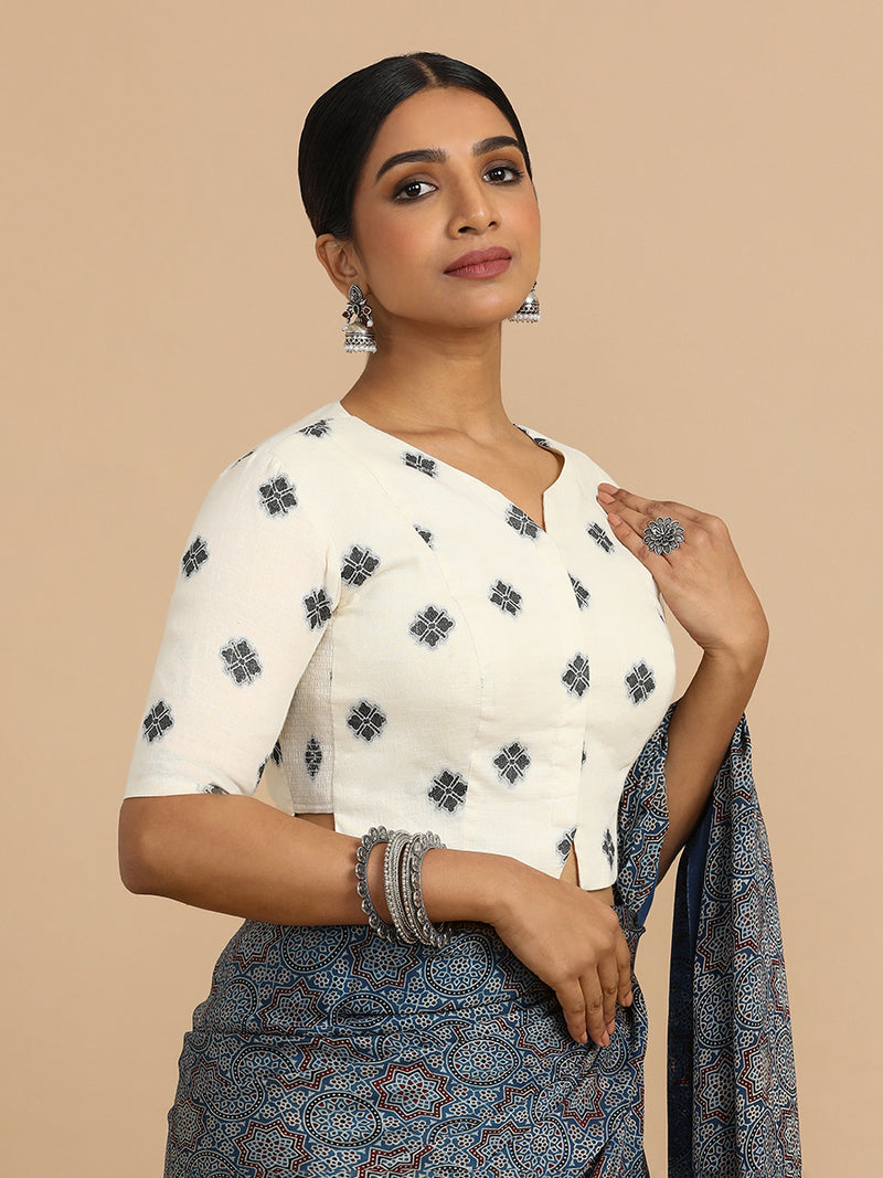 Soumya x Rozaana | Elbow Sleeves Saree Blouse in White Jacquard Cotton-Binks