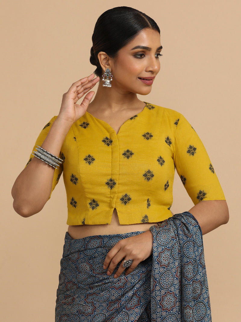 Soumya x Rozaana | Elbow Sleeves Saree Blouse in Yellow Jacquard Cotton-Binks
