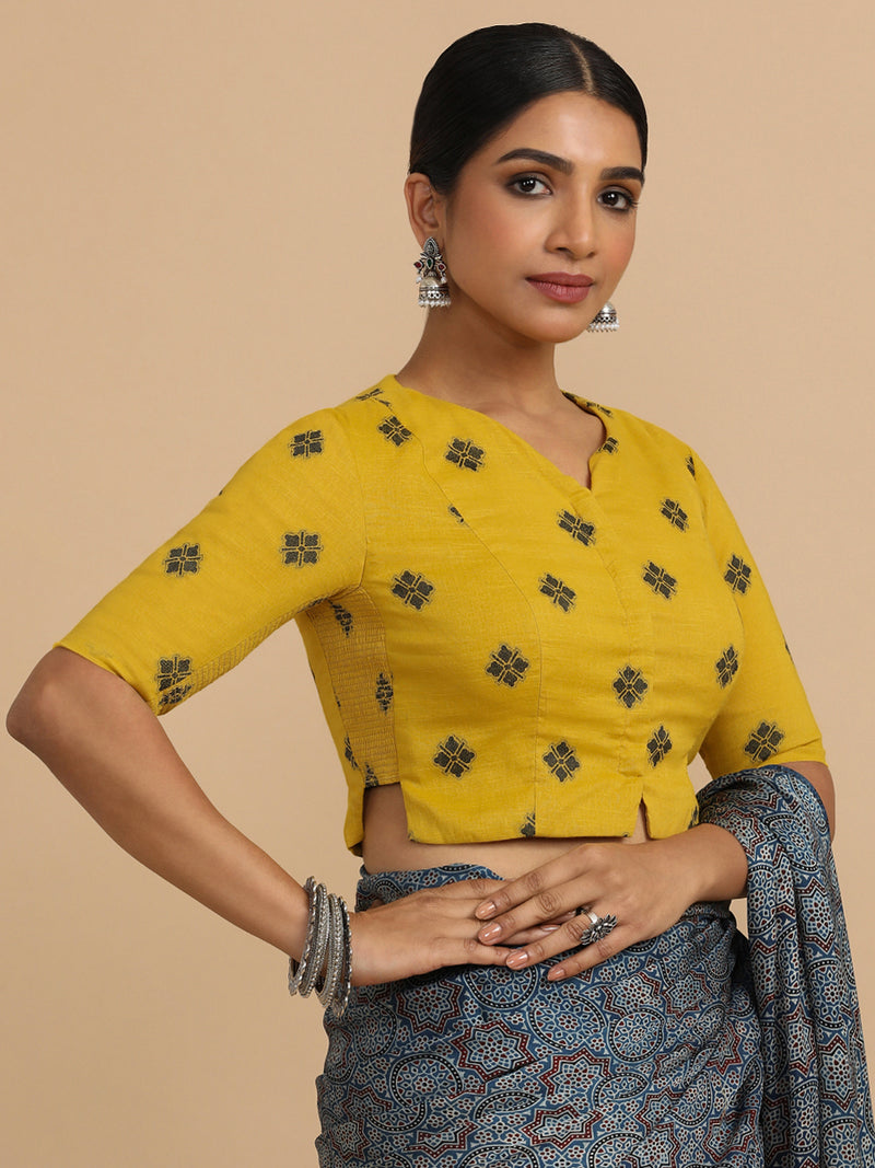 Soumya x Rozaana | Elbow Sleeves Saree Blouse in Yellow Jacquard Cotton-Binks