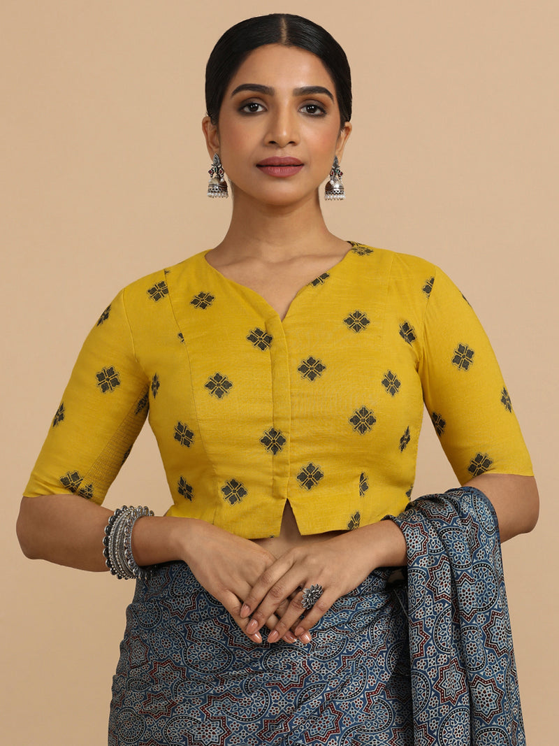 Soumya x Rozaana | Elbow Sleeves Saree Blouse in Yellow Jacquard Cotton-Binks