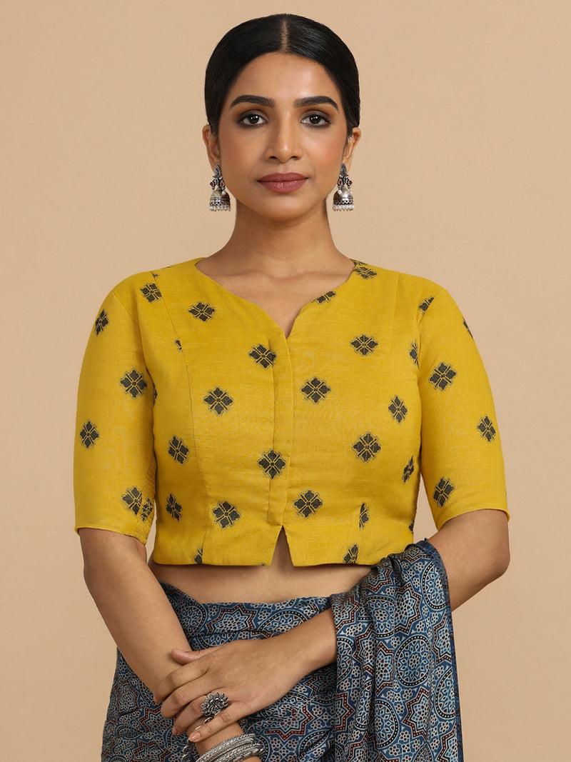 Soumya x Rozaana | Elbow Sleeves Saree Blouse in Yellow Jacquard Cotton-Binks