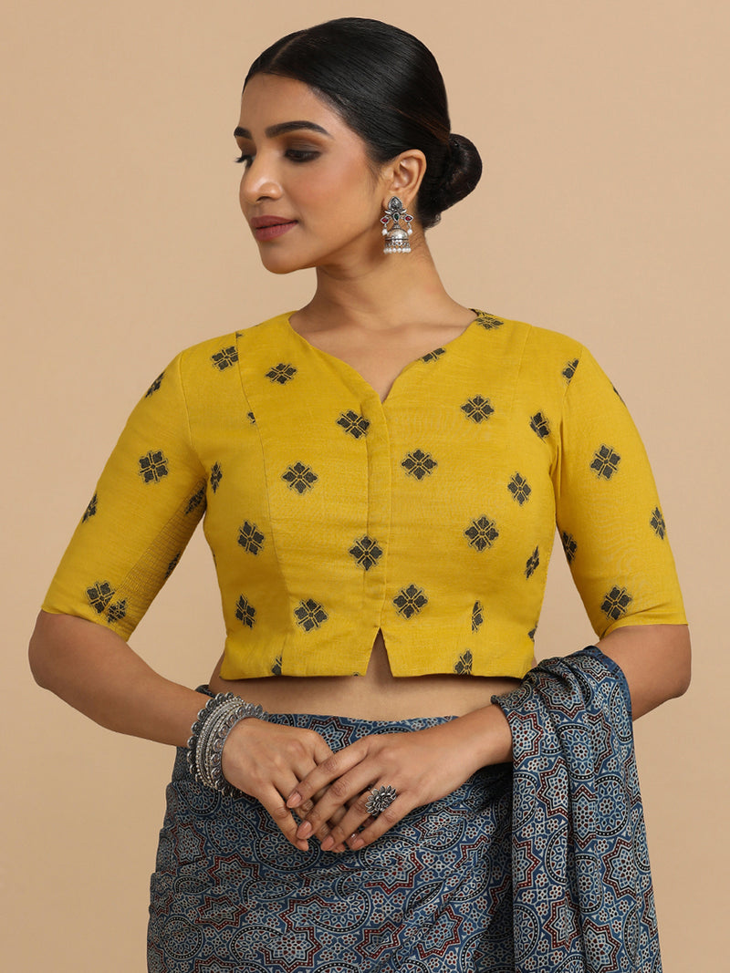 Soumya x Rozaana | Elbow Sleeves Saree Blouse in Yellow Jacquard Cotton-Binks