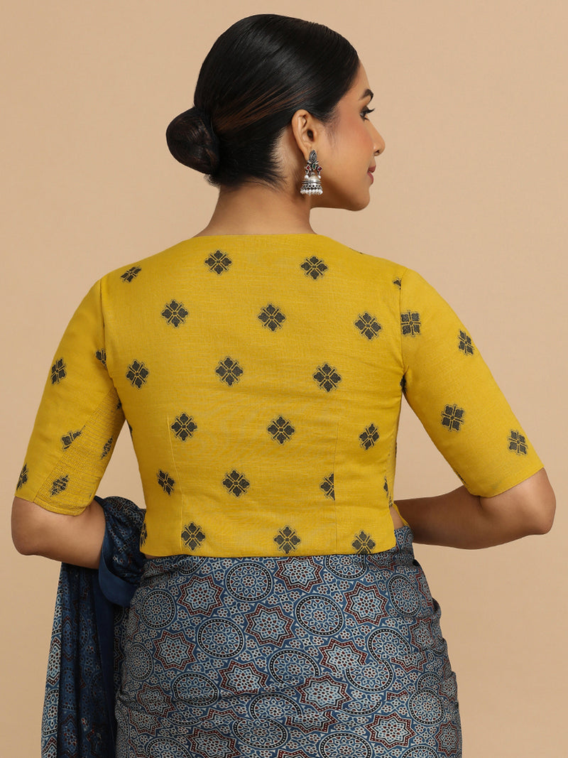 Soumya x Rozaana | Elbow Sleeves Saree Blouse in Yellow Jacquard Cotton-Binks