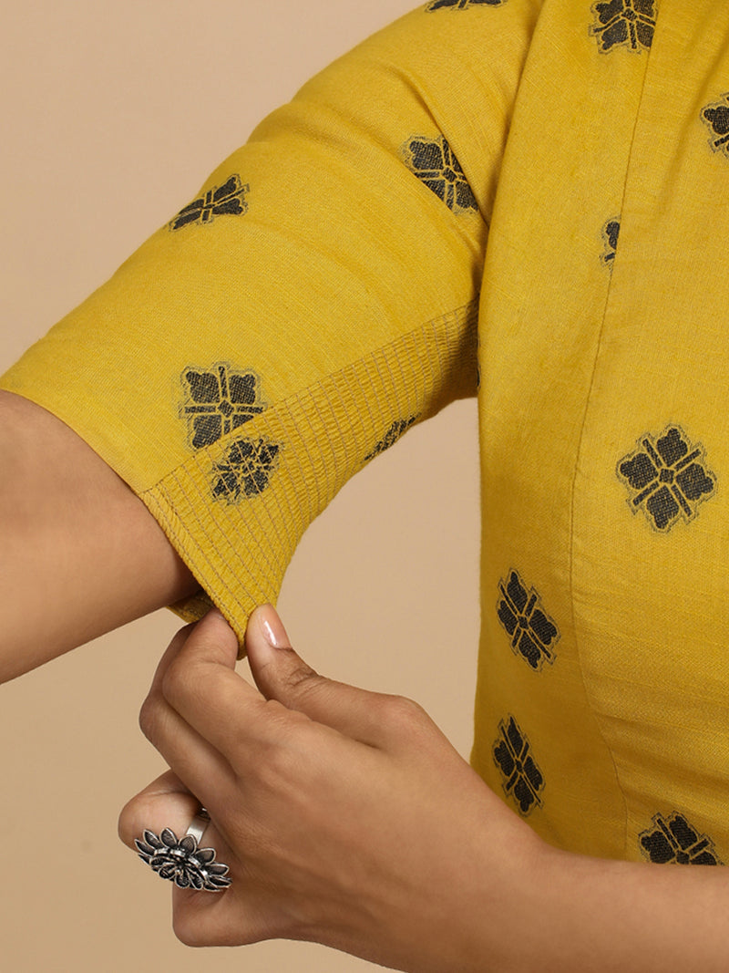 Soumya x Rozaana | Elbow Sleeves Saree Blouse in Yellow Jacquard Cotton-Binks