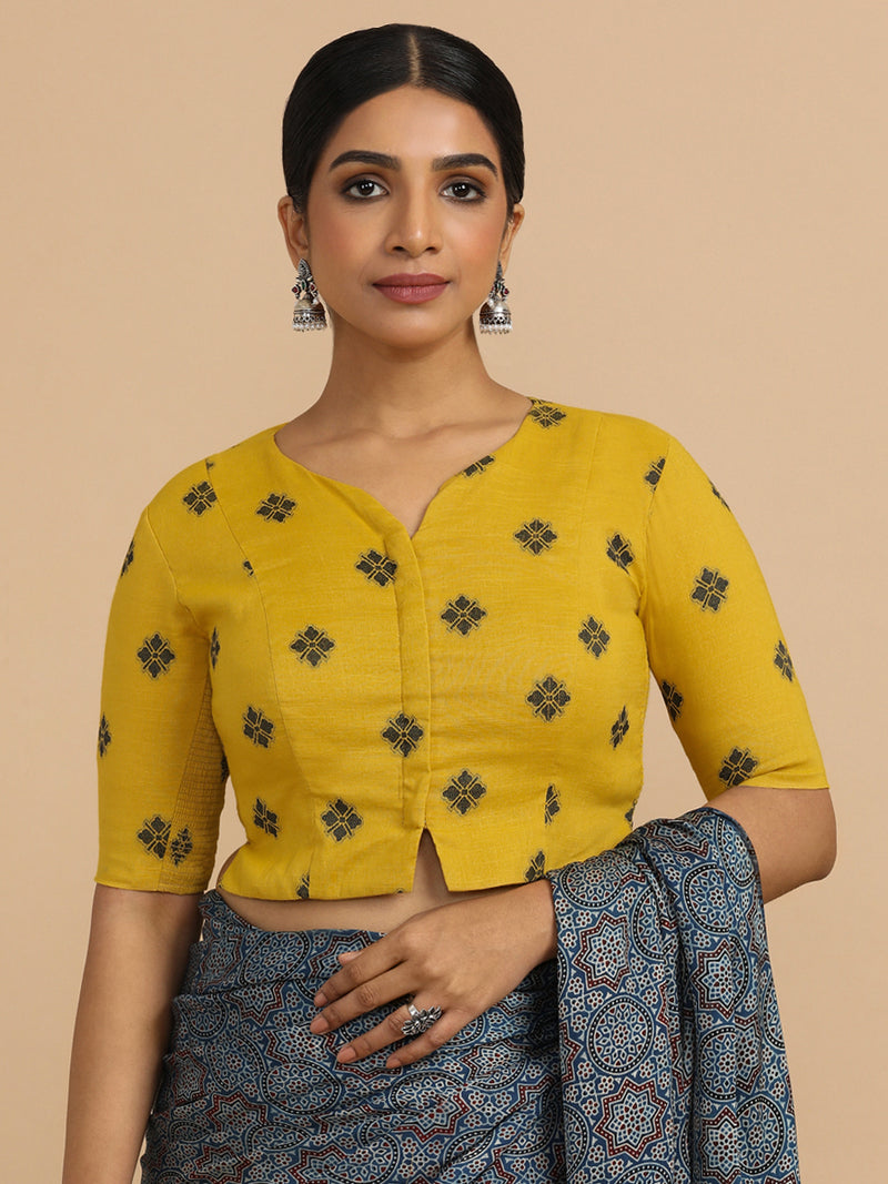 Soumya x Rozaana | Elbow Sleeves Saree Blouse in Yellow Jacquard Cotton-Binks