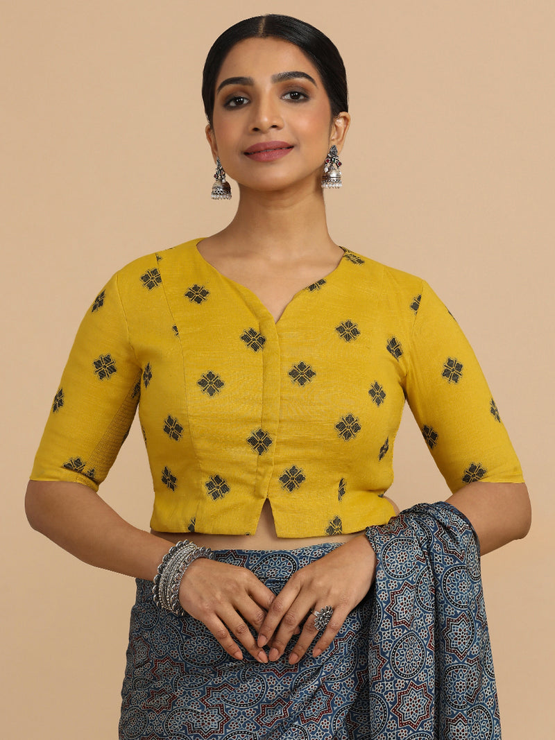 Soumya x Rozaana | Elbow Sleeves Saree Blouse in Yellow Jacquard Cotton-Binks