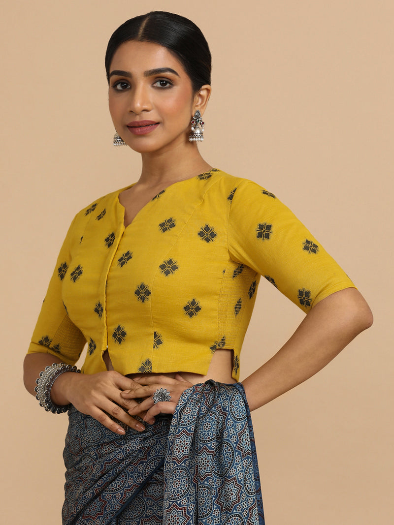 Soumya x Rozaana | Elbow Sleeves Saree Blouse in Yellow Jacquard Cotton-Binks