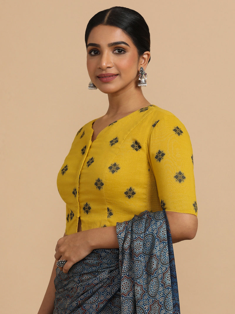 Soumya x Rozaana | Elbow Sleeves Saree Blouse in Yellow Jacquard Cotton-Binks