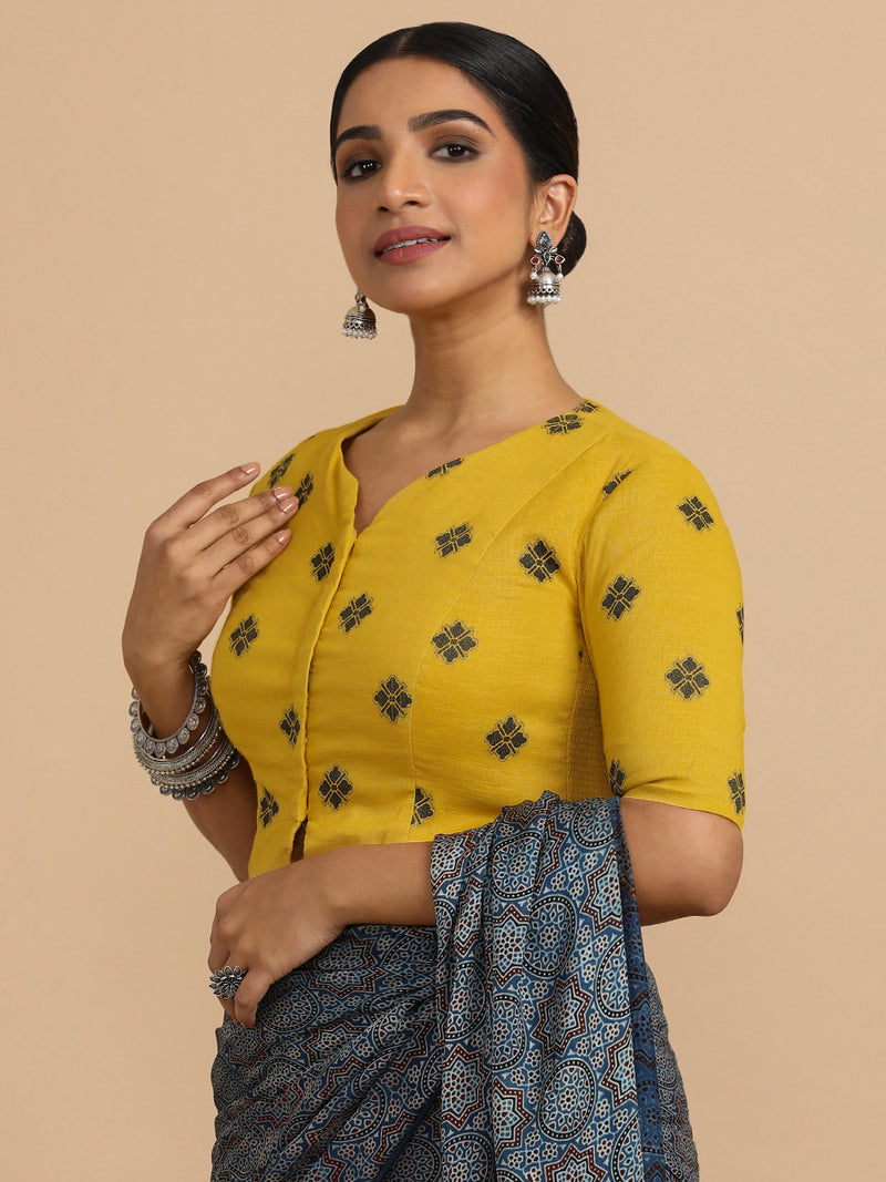 Soumya x Rozaana | Elbow Sleeves Saree Blouse in Yellow Jacquard Cotton-Binks