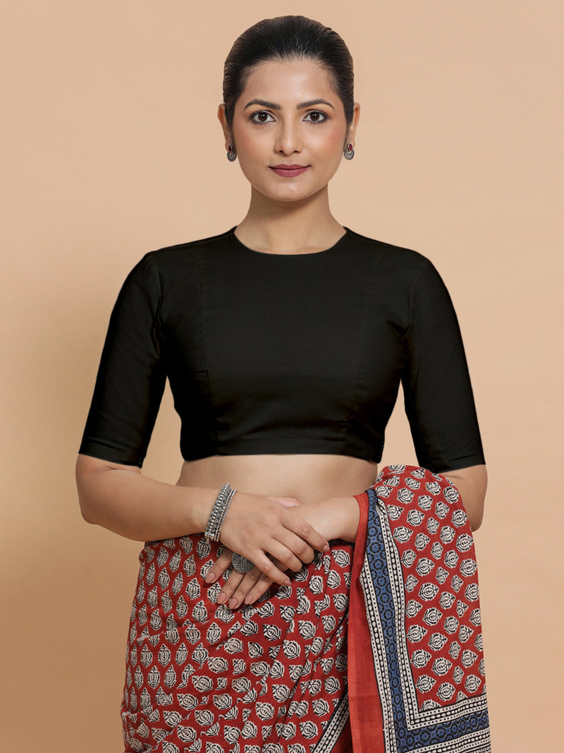 Suhana x Rozaana | Jewel Neck Black Plain Cotton Saree Blouse-Binks