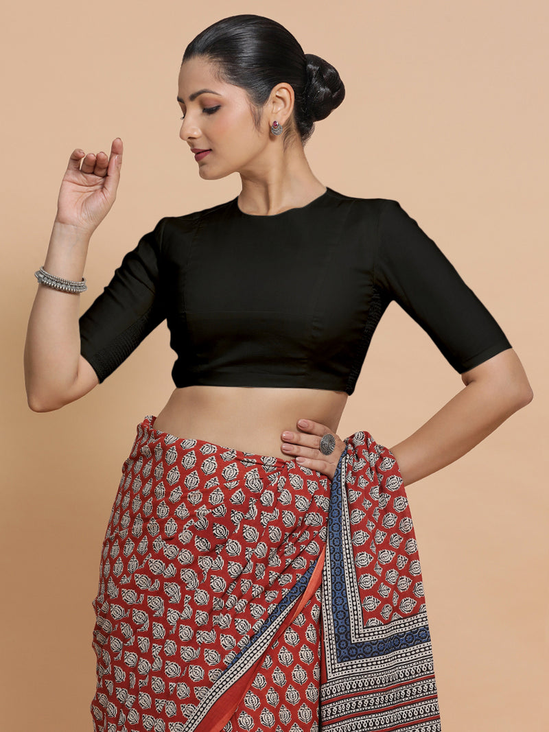 Suhana x Rozaana | Jewel Neck Black Plain Cotton Saree Blouse-Binks