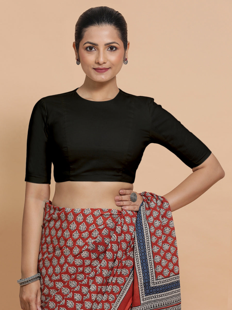 Suhana x Rozaana Saree Blouse, in Black Cotton, featuring elbow sleeves and jewel neckline, made for daily & work (view 6).